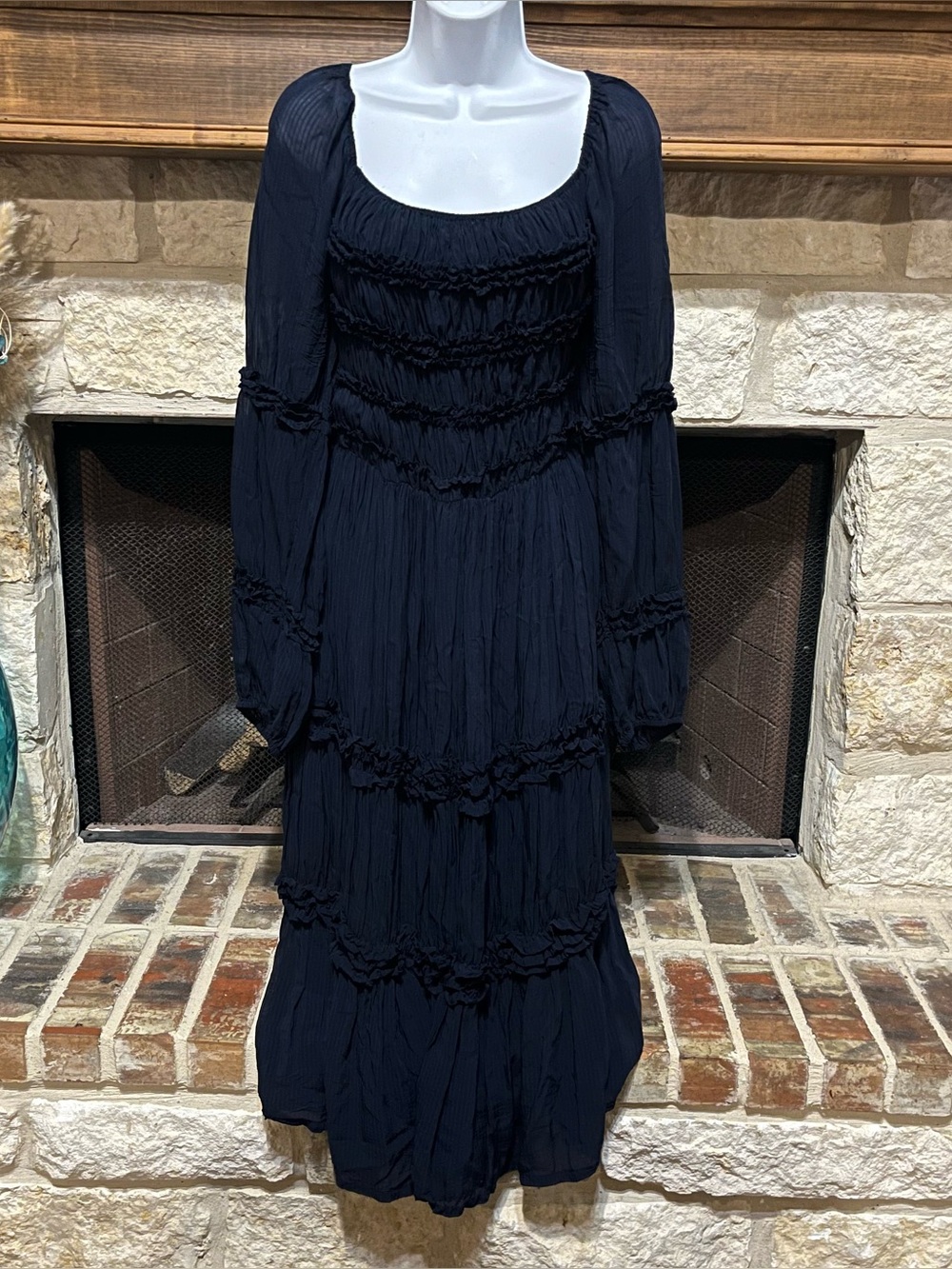 Idyllwind Navy Blue Romantic Ruffle Dress Smocked Tiered Boho Western Size L
